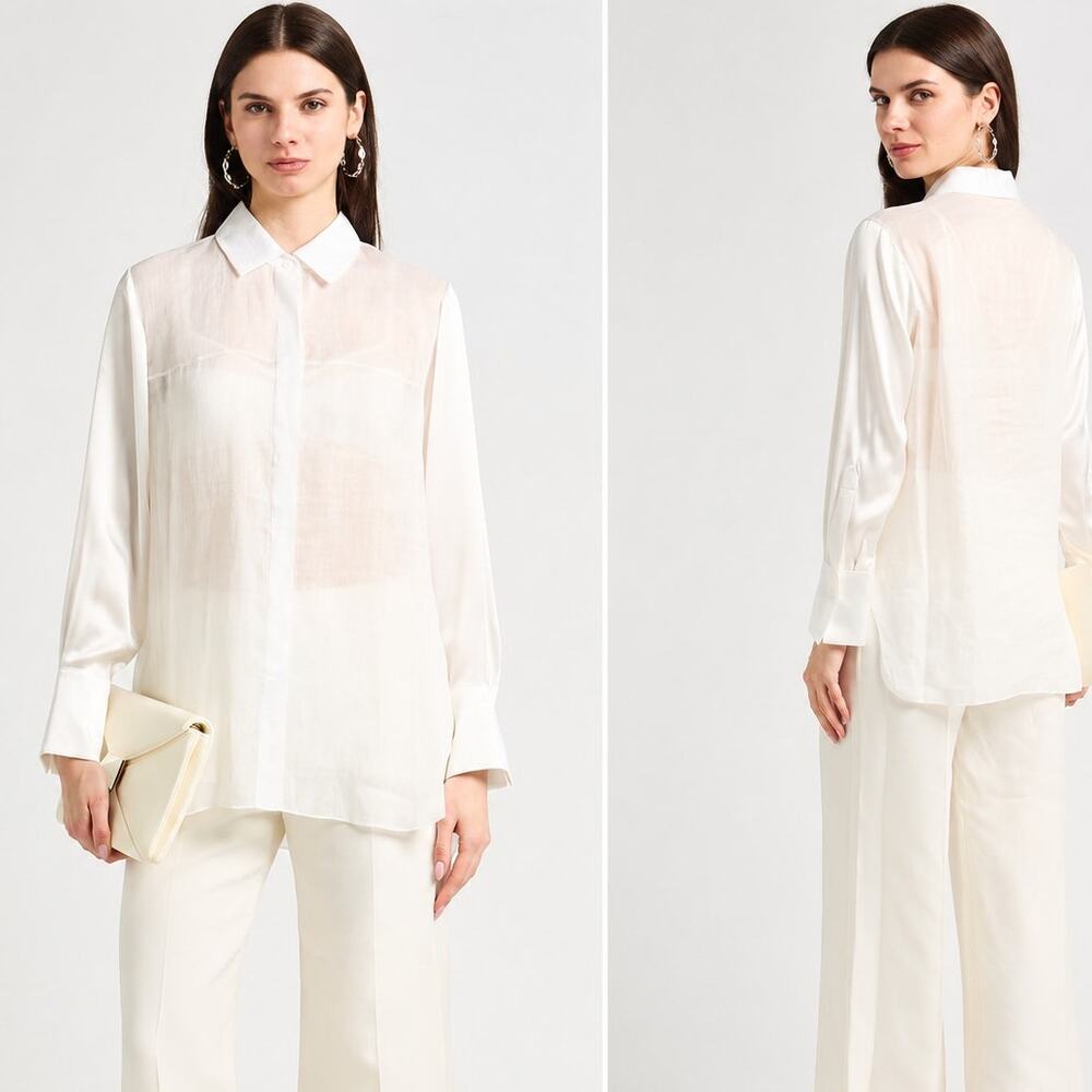 PARTOW White Ramie Silk Button up Blouse semi sheer size 6